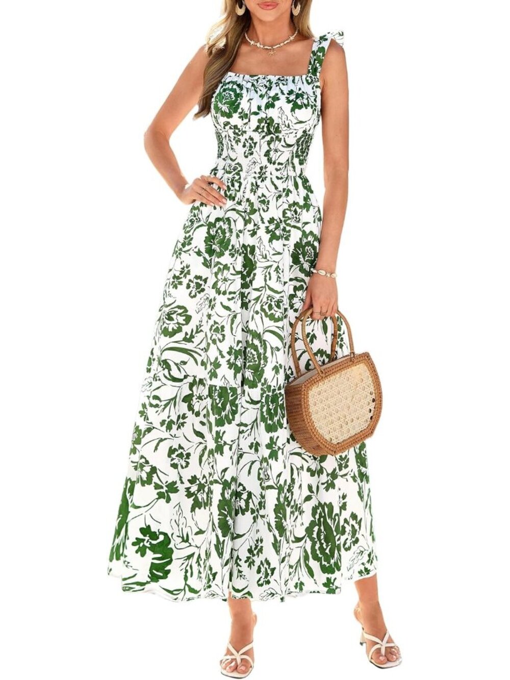 🆕 Women's White Green Floral Cap Sleeve Square Neck A LINE Straps Maxi Dress